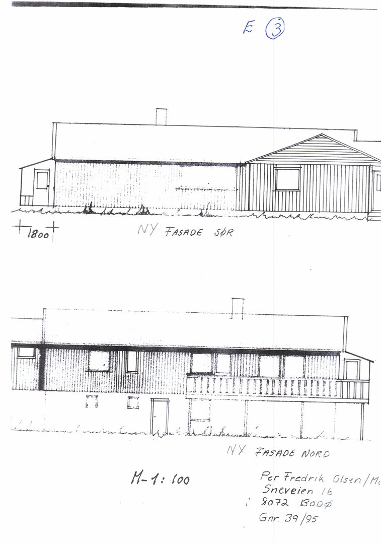 Tegning som viser to nye fasader (Sør og Nord) for en bygning, inkludert detaljer om vinduer, balkong og takform.
