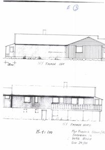 Tegning som viser to nye fasader (Sør og Nord) for en bygning, inkludert detaljer om vinduer, balkong og takform.