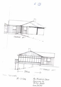 Håndtegnet fasadetegning som viser to utsnitt av en bygning: 'FASADE ØST' og 'NY FASADE VEST'. Tegningen inkluderer mål (7400) og arkitektens signatur.