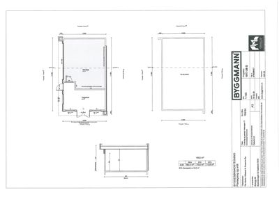 Etasjeplan (1. etasje) som viser romfordeling (hagebad, oppholdsrom), dimensjoner og fasadeopprikk.