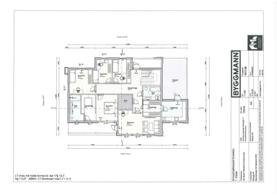 Etasjeplan (1. etasje) som viser romfordeling, dimensjoner og plassering av vifter.