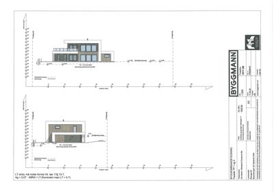 Snittegning som viser bygningens tverrsnitt, høyder og grunnplan.