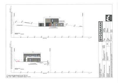 Fasadetegning som viser bygningens utsyn fra front og side, inkludert detaljer om vinduer, dører og materialer.