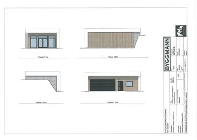 Fasadetegning som viser utsiden av en bygning fra fire ulike vinkler (Sør, Øst, Nord og Vest).