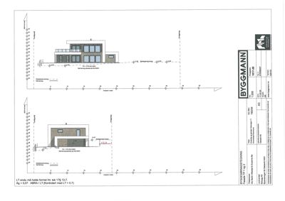 Snittegning som viser bygningens tverrsnitt, høyder, grunnmur og vindusoppriss.