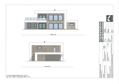 Fasadetegning som viser bygningens utseende fra to ulike vinkler (Sør og Øst) med detaljer om fasadematerialer, vinduer og balkonger.
