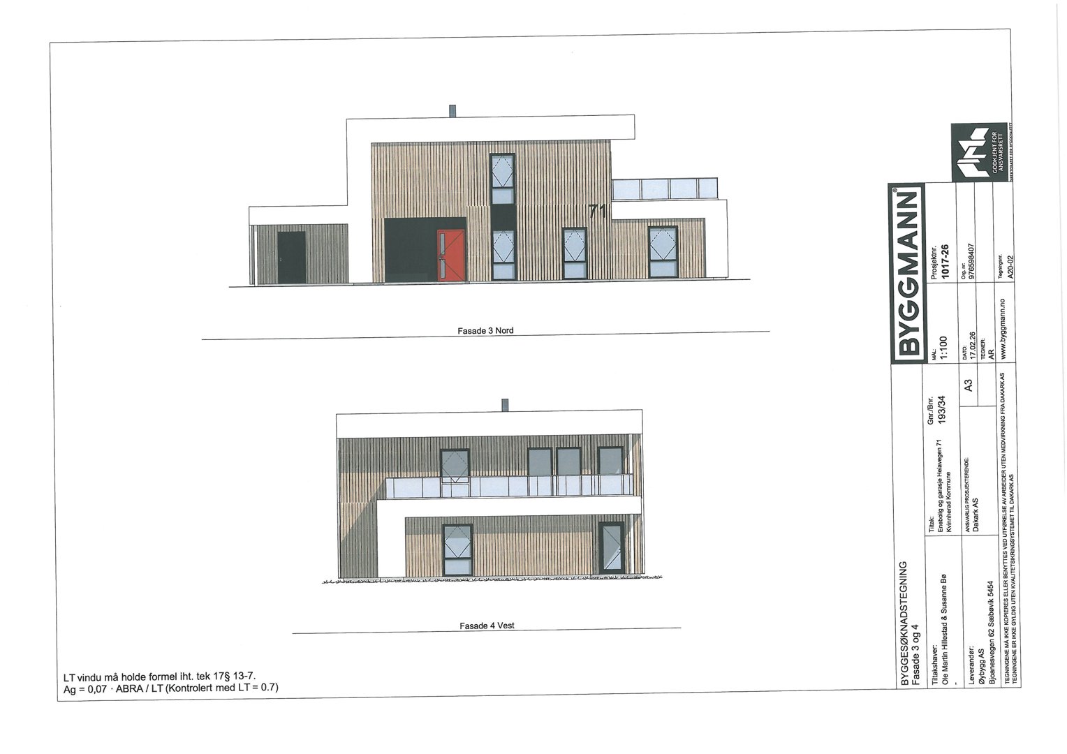 Illustrasjon av fasadeoppsettet for bygningen sett fra nord og vest.