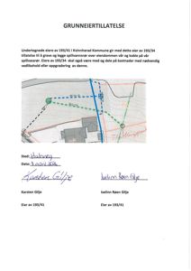 Et kart som viser rørføringsplan for en grunneiértillatelse, med tegnet rørføringer og eiendomsgrenser.
