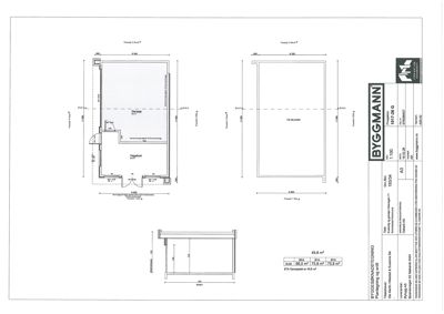 Etasjeplan (garasje og hegebod) med fasadeopprikk og teknisk detaljering av en bygning.
