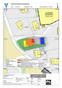 Situasjonsplan som viser tomtens plassering, nabolag (193/35, 193/88, 193/20, 193/45), vegnett og planlagt byggefelt med fargekodet informasjon om arealbruk.