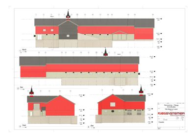 Fasadetegning som viser bygningens utseende fra fire sider (Nord, Sør, Vest og Øst) med fargekodet fasadeforbedring.