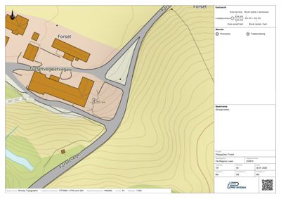 Situasjonsplan som viser bygningers plassering i forhold til vei, terreng og vann. Kartet inneholder også informasjon om borepunkter og utgiver.