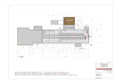 Etasjeplan (Plan 01) som viser romfordeling, dimensjoner og tekniske merknader for en bygning.