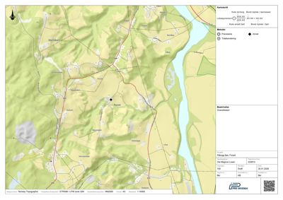 Flyfoto eller ortofoto av et område med topografisk informasjon, veier og vannløp.