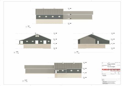 Fasadetegning som viser utsiden av bygningen sett fra fire sider (nord, øst, sør, vest) med høydeangivelser.