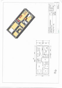 Bildet viser en etasjeplan (Et. 1) med romfordeling, dimensjoner og møblement, samt en 3D-visualisering av samme plan.