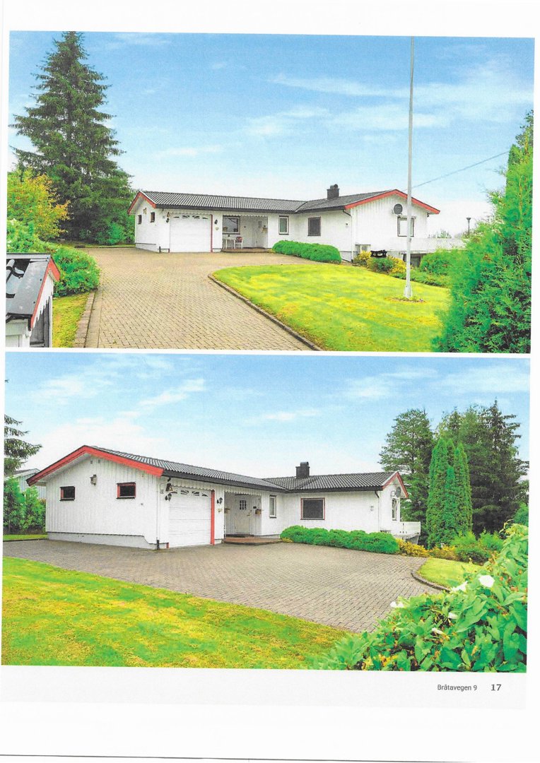Fotografier av en eksisterende enebolig sett fra to ulike vinkler (fra siden og fra fronten).