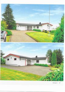 Fotografier av en eksisterende enebolig sett fra to ulike vinkler (fra siden og fra fronten).