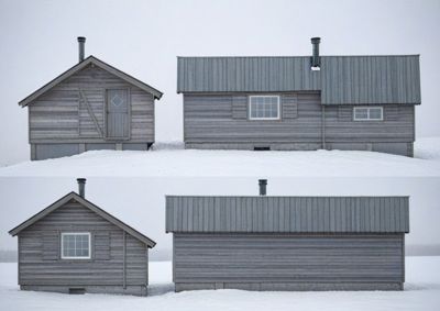 Fotografi av to trehus i snø, vist fra to ulike vinkler (fra siden og fra fronten).