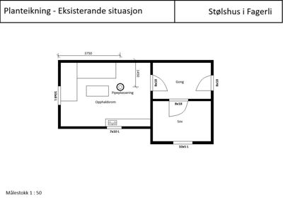 Plantegning av eksisterende situasjon for et stålhus i Fagerli, som viser romfordeling (Oppholdsrom, Gang, Sov), døråpninger og mål.