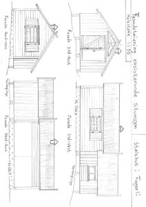 Fasadetegning av eksisterende bygning med oppriss av alle fire sider (Nord, Sør, Øst, Vest) og terrenglinjer.