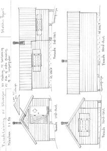 Fasadetegning som viser frontene på en bygning (Nord-Vest, Nord-Aust, Syd-Vest, Syd-Aust) med detaljer om vinduer, tak og terrengforhold.
