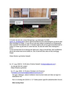 Fotografi av en bygning med merker som viser terrengnivå og høydemål, samt tilhørende e-postkorrespondanse.