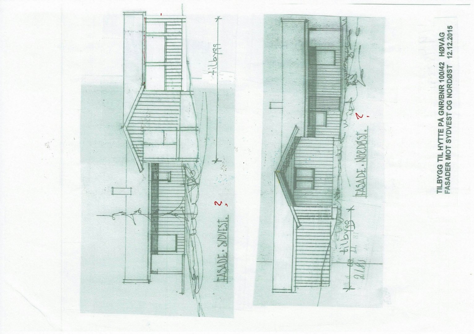 Tegning som viser fasader (Nordøst og Sydvest) for en hytte.