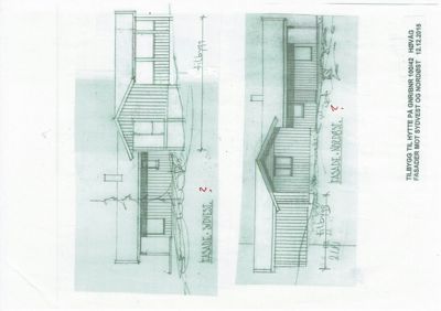 Tegning som viser fasader (Nordøst og Sydvest) for en hytte.