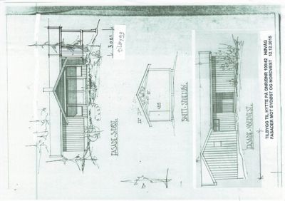 Fasadetegning som viser oppriss av en hytte sett fra sydøst og nordvest, inkludert mål og detaljer.