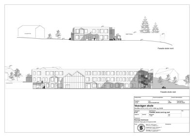 Fasadetegning som viser bygningens utseende sett fra nord og vest, inkludert terrengforhold og omgivende beplantning.