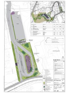 Situasjonsplan som viser tomtens beliggenhet, omgivende infrastruktur (veier, eksisterende skole), planlagt beplantning, og plassering av nye bygninger.
