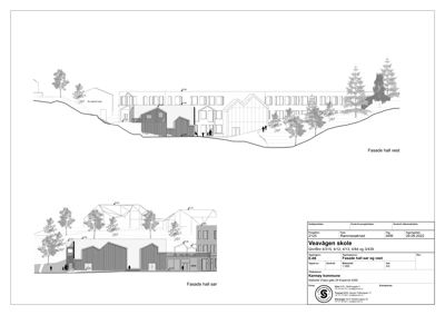 Fasadetegning som viser bygningens utseende fra vest og sør, inkludert terrengforhold og omgivende trær.