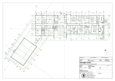 Etasjeplan (Plan 2. etasje) for Veavågen skole som viser romfordeling, vegger og dimensjoner.