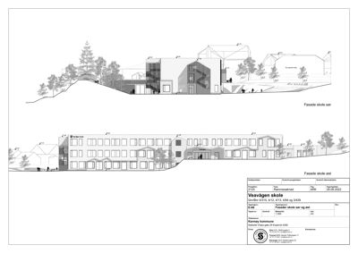 Fasadetegning som viser bygningens utseende fra øst og vest, inkludert terrengforhold og omgivende beplantning.
