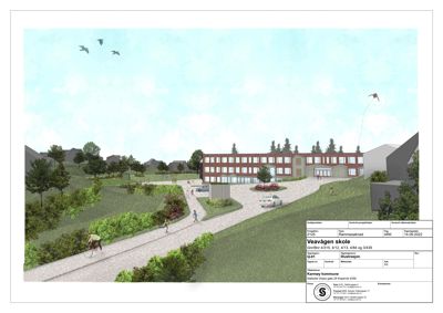 3D-visualisering (rendering) av et planlagt skolebygg med omgivende landskap, trær, veier og personer.