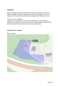 Situasjonsplan som viser et tiltaksområde (markert blått) på en tomt, med angitte mål, areal og beliggenhet i forhold til vei og nabolag.