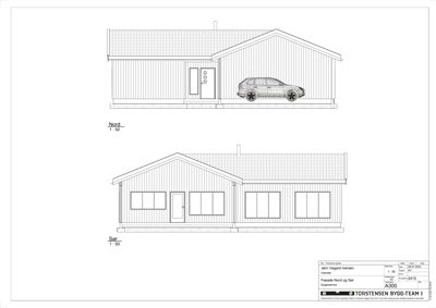 Fasadetegning som viser bygningens utseende sett fra Nord og Sør.