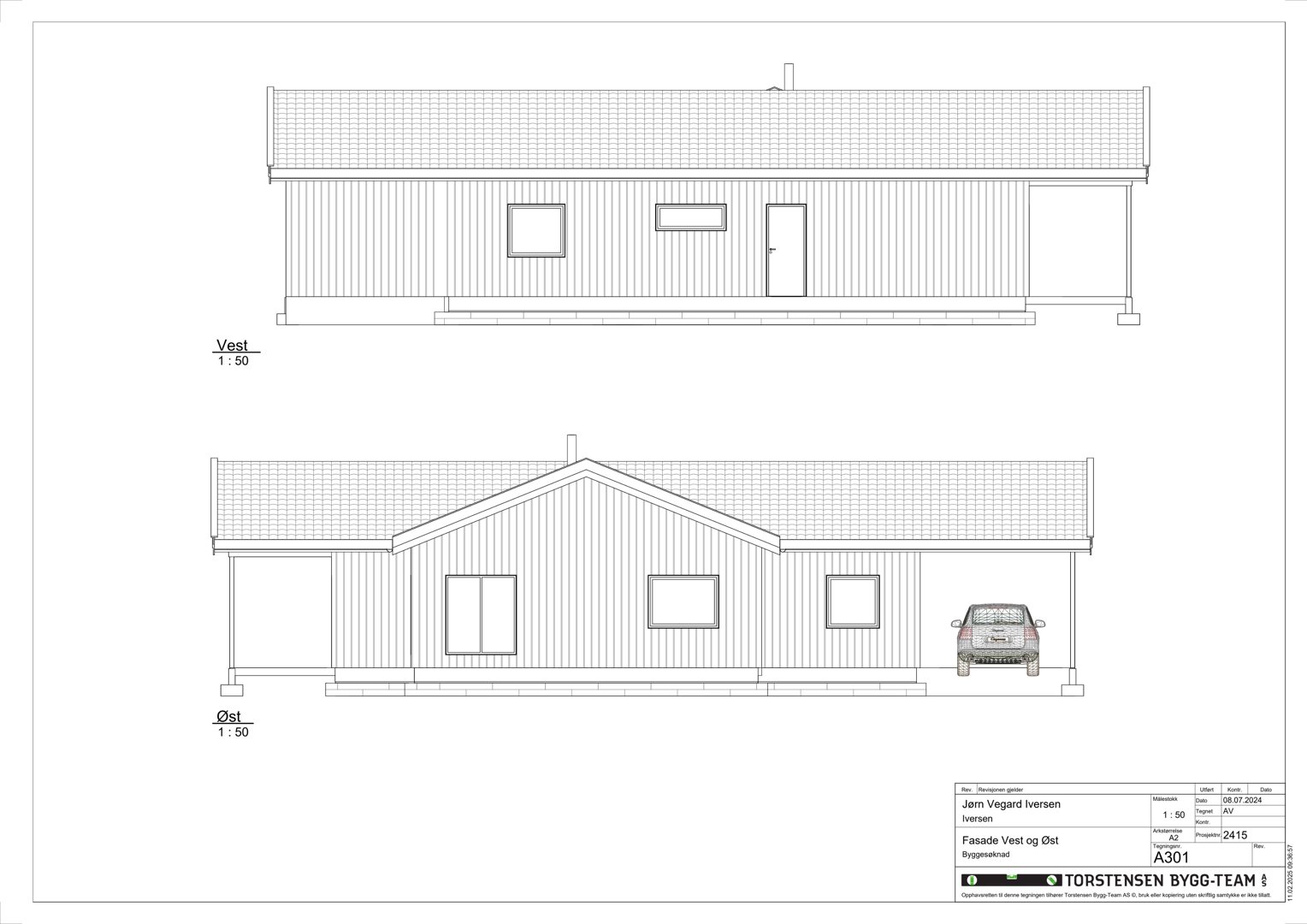 Fasadetegning som viser bygningens utseende fra vest og øst.