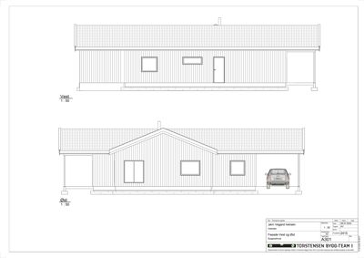 Fasadetegning som viser bygningens utseende fra vest og øst.