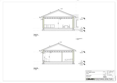 Tegning som viser tverrsnitt (snitt) av en bygning, med mål og høyder.