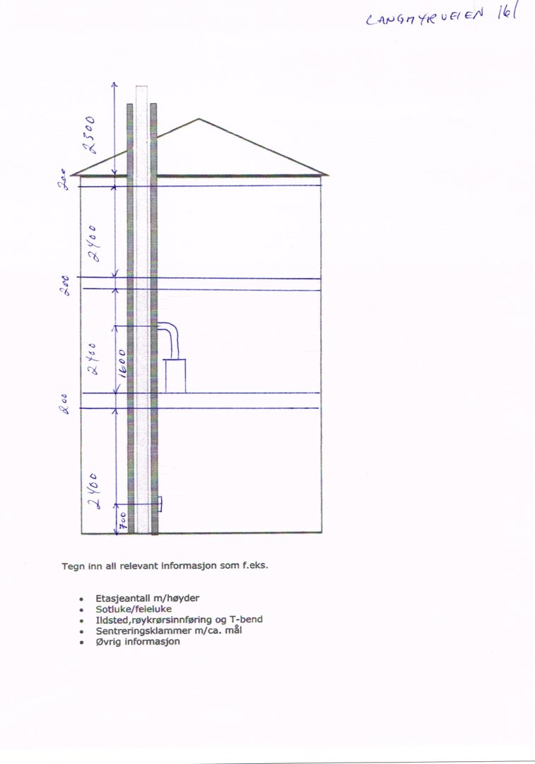 Snittegning som viser etasjehøyder, takkonstruksjon og en T-bend i røykrenning.