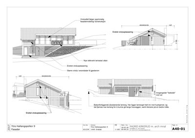 Fasadetegning som viser utsiden av bygningen med mål og beskrivelser av endringer.