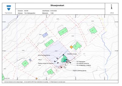 Situasjonskart som viser eiendommen med omgivende terreng, naboeiendommer og planlagte endringer.