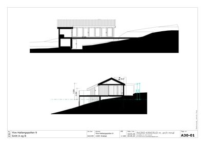Snittegning som viser tverrsnittet av bygningen i forhold til terrenget.