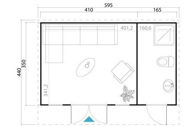 Etasjeplan (topplan) som viser romfordeling, møblering og dimensjoner for et leilighetsinteriør.