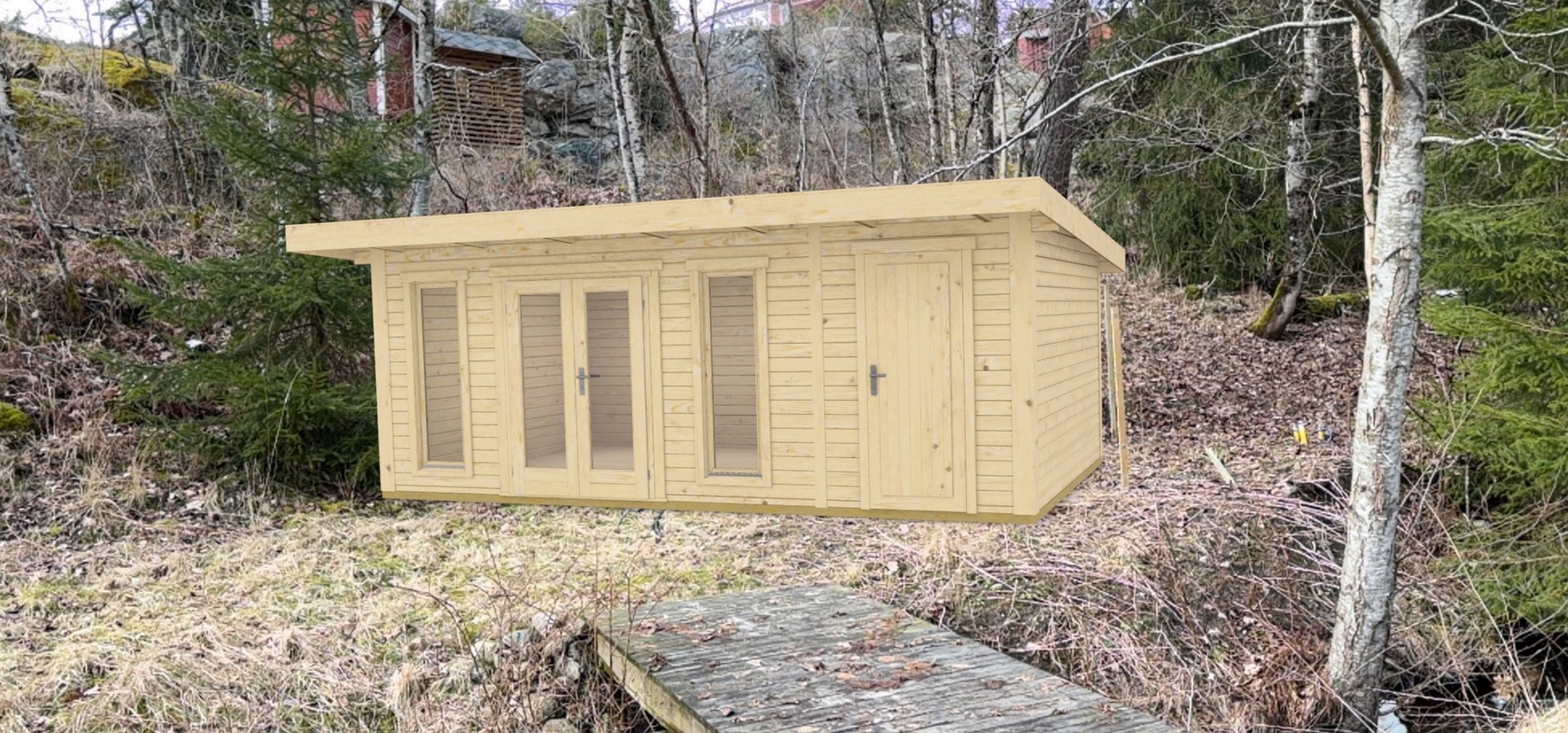 3D-visualisering av en planlagt hytte eller uthus plassert i et naturområde.