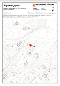 Reguleringsplan for eiendommen Skjellumveien 45 i Fredrikstad kommune, som viser topografi, naboeiendommer og bygningsplasseringer.