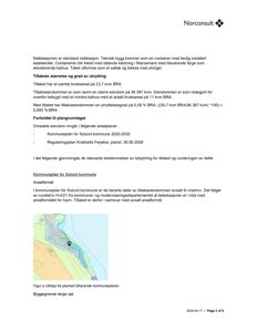 Et dokument med tekst om et tiltak og en liten kartutsnitt (Figur a) som viser byggegrense langs sjø.