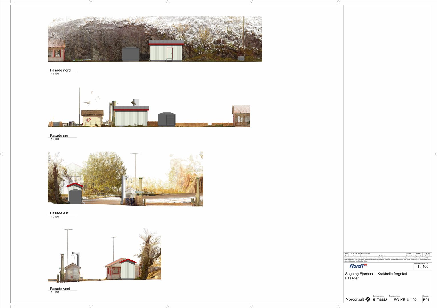 Fasadetegninger som viser bygningens utsyn fra nord, sør, øst og vest.